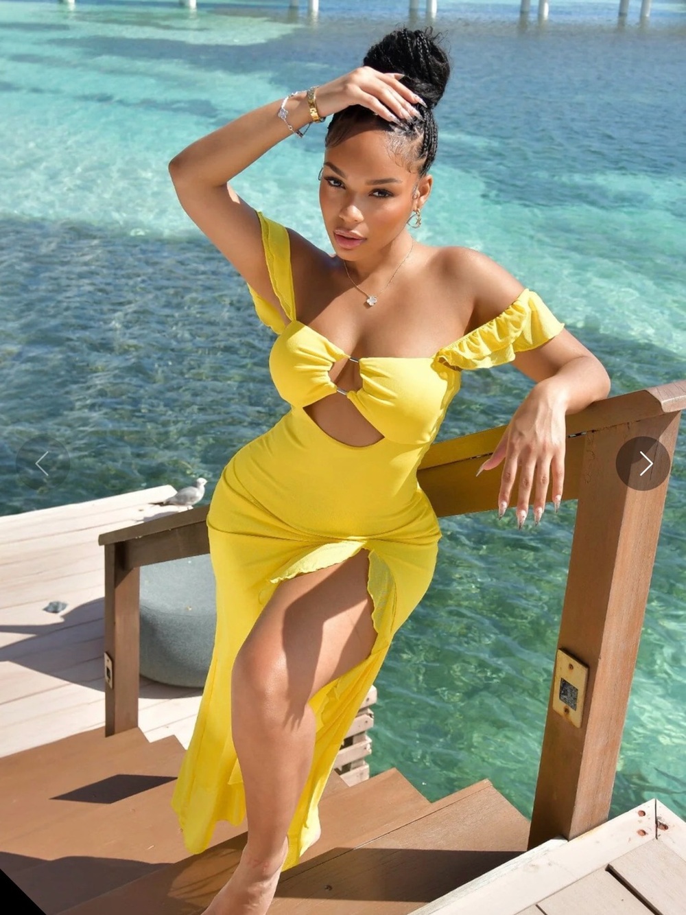 Yellow Mesh Cutout Ruffle Midi Dress Size : S
